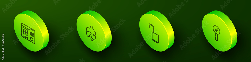 Set Isometric line House intercom system, Broken or cracked lock, Open padlock and Key icon. Vector Set Isometric line House intercom system, Broken or cracked lock, Open padlock and Key icon. Vector
