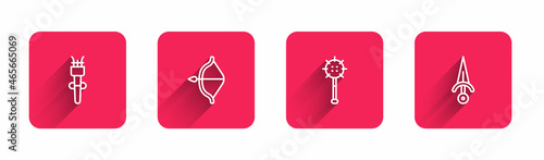 Set line Torch flame, Medieval bow and arrow, chained mace ball and Dagger with long shadow. Red square button. Vector