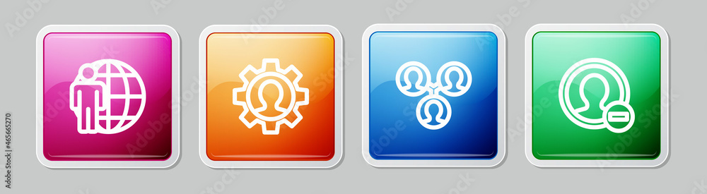 Set line Head hunting, Human with gear, Project team base and Create account screen. Colorful square button. Vector Set line Head hunting, Human with gear, Project team base and Create account screen. Colorful square button. Vector