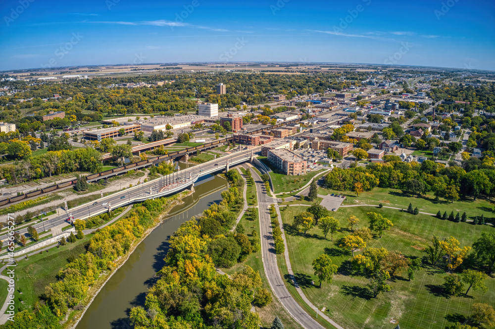 Aerial View of Moorhead, Minnesota on the Red River during Autumn