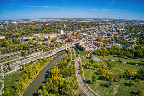 Aerial View of Moorhead, Minnesota on the Red River during Autumn © Jacob