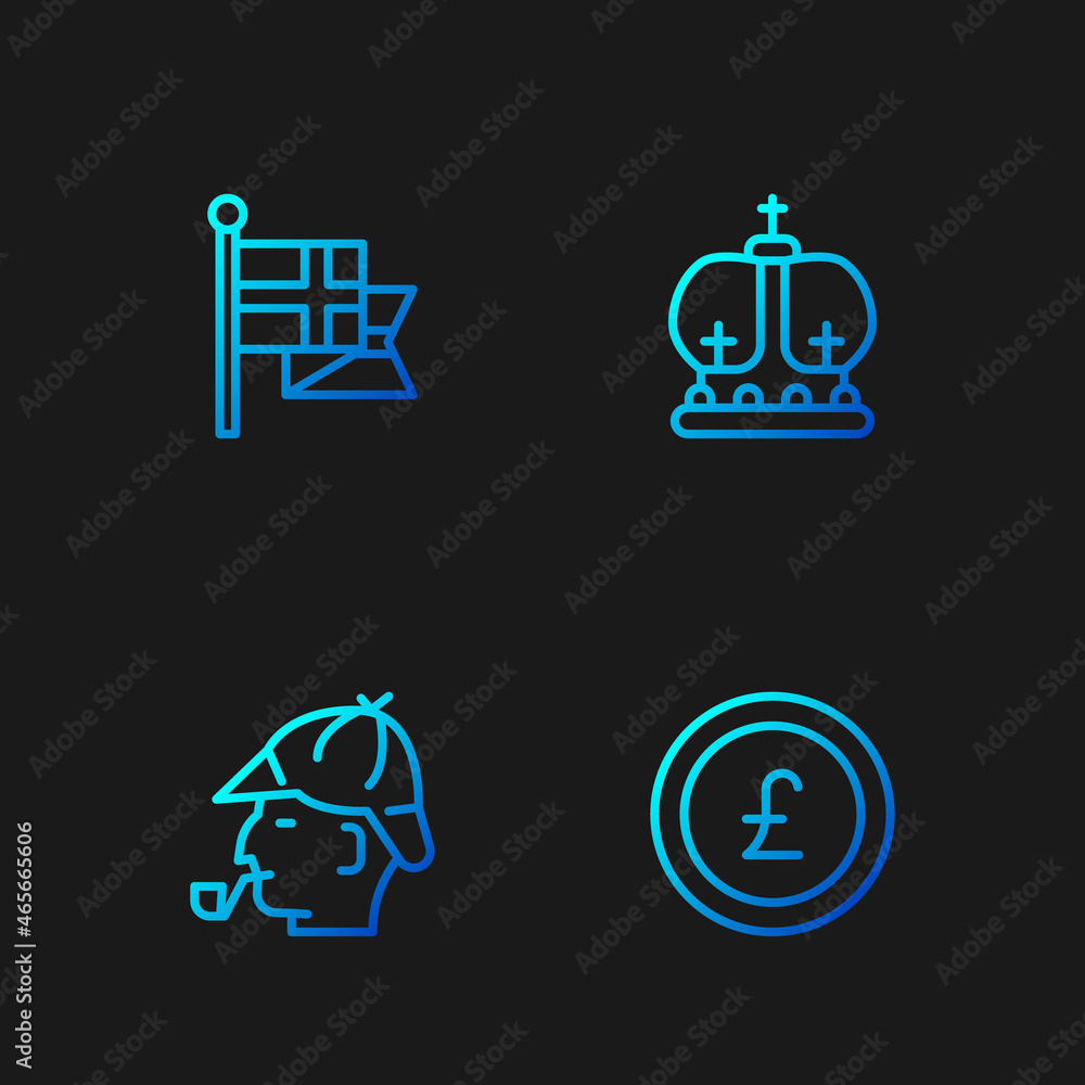 Set line Coin money with pound, Sherlock Holmes, England flag flagpole and British crown. Gradient color icons. Vector