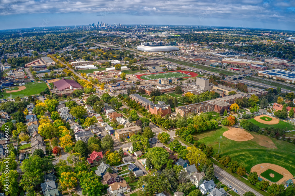 Aerial View of a private University in St. Paul, Minnesota during Autumn