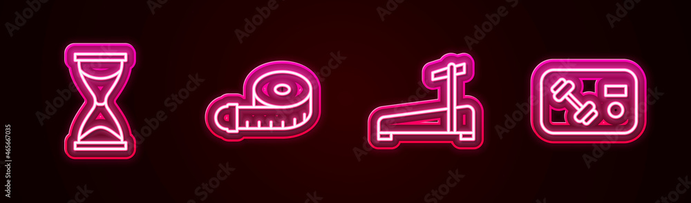 Set line Old hourglass, Tape measure, Treadmill machine and Fitness club, gym card. Glowing neon icon. Vector Set line Old hourglass, Tape measure, Treadmill machine and Fitness club, gym card. Glowing neon icon. Vector