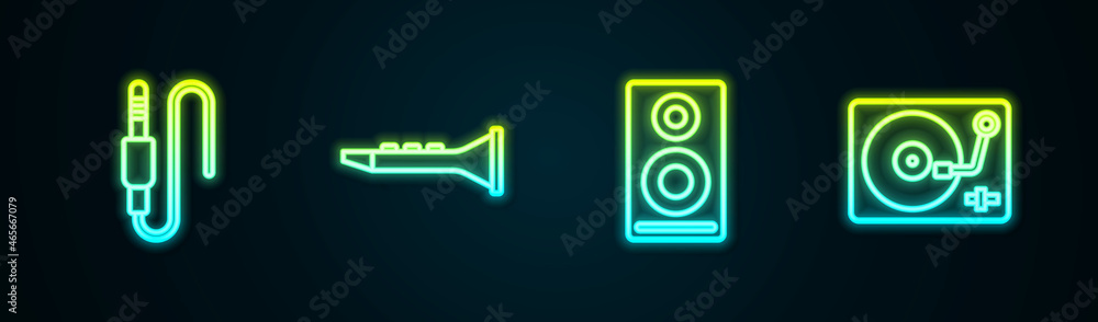 Set line Audio jack, Clarinet, Stereo speaker and Vinyl player with vinyl disk. Glowing neon icon. Vector Set line Audio jack, Clarinet, Stereo speaker and Vinyl player with vinyl disk. Glowing neon icon. Vector