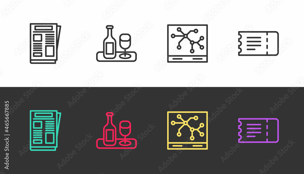 Set line News, Wine bottle with glass, Railway map and Train ticket on black and white. Vector Set line News, Wine bottle with glass, Railway map and Train ticket on black and white. Vector
