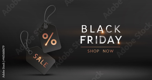 Black Friday Shop now banner and silver lettering. Realistic label with golden sale, discount, percent tag. Vector dark background, poster, special offer