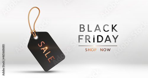 Black Friday Shop now banner and lettering. Realistic label with golden sale, discount tag. Vector white background, poster, special offer