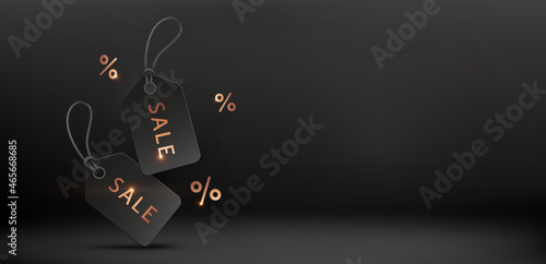 Black Friday empty banner. Realistic labels with golden sale, discount, percent tags. Vector dark background, poster, special offer