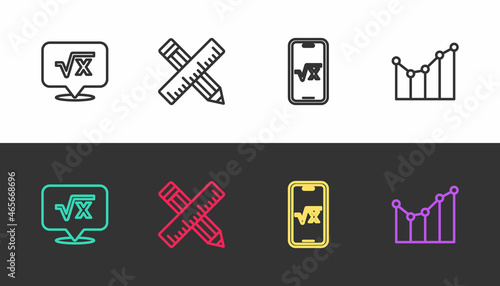 Set line Square root of x glyph, Crossed ruler and pencil, and Graph, schedule, chart, diagram on black and white. Vector