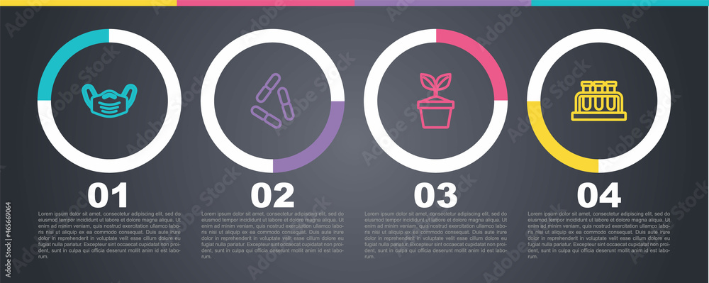 Set line Medical protective mask, Virus, Plant in pot and Test tube and flask. Business infographic template. Vector Set line Medical protective mask, Virus, Plant in pot and Test tube and flask. Business infographic template. Vector
