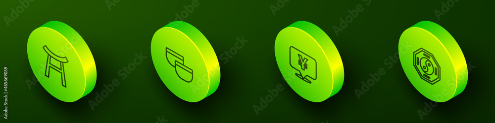 Set Isometric line Japan Gate, Chinese tea ceremony, Yuan currency and Yin Yang icon. Vector Set Isometric line Japan Gate, Chinese tea ceremony, Yuan currency and Yin Yang icon. Vector