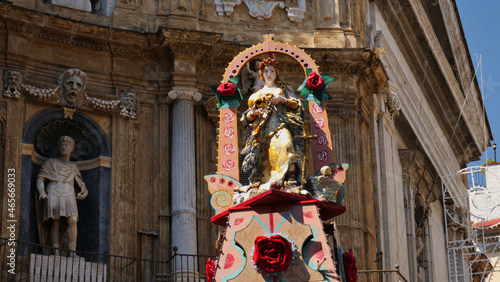 Statue of Santa Rosalia in the  Carro Trionfale (triumphal float) festival in Palermo, Sicily photo