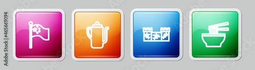 Set line China flag on flagpole, Chinese tea ceremony, Great wall of and Asian noodles bowl. Colorful square button. Vector