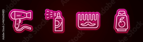 Set line Hair dryer, Spray can for hairspray, Hairbrush and Bottle of shampoo. Glowing neon icon. Vector