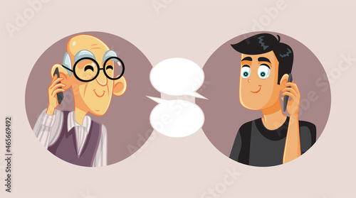 Happy Senior Man Talking His Son Vector Cartoon