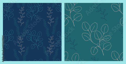 Eucalyptus vector seamless pattern with navy blue and sea green background. Endless botanical pattern with gum tree brunch for fabric, textile, wallpaper, cover, wrapping paper or other. Vector set.