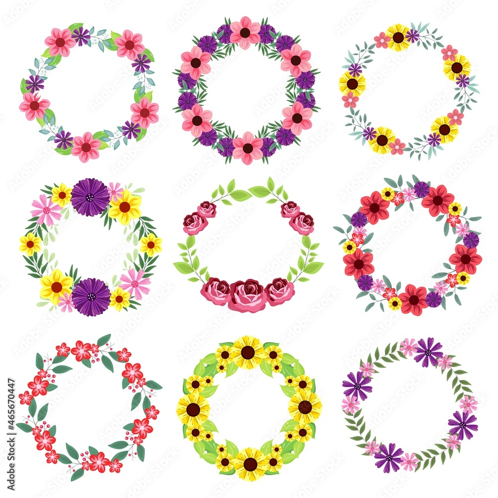 Set of floral wreath isolated on white background