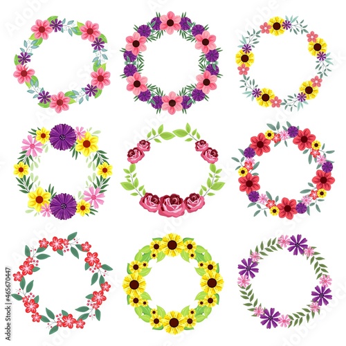 Set of floral wreath isolated on white background