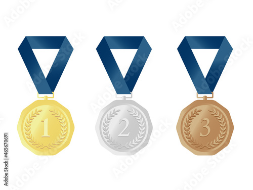 月桂冠をあしらった金銀銅のランキングメダルのセット