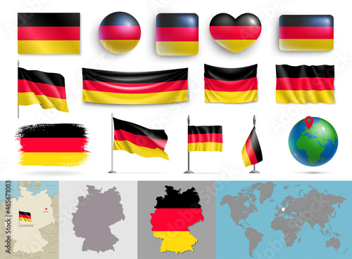 Set of Germany flags of various shapes and maps. Realistic waving German flag on pole, table flag, glossy 3d buttons and highly detailed map, globe with identification of Germany vector illustration