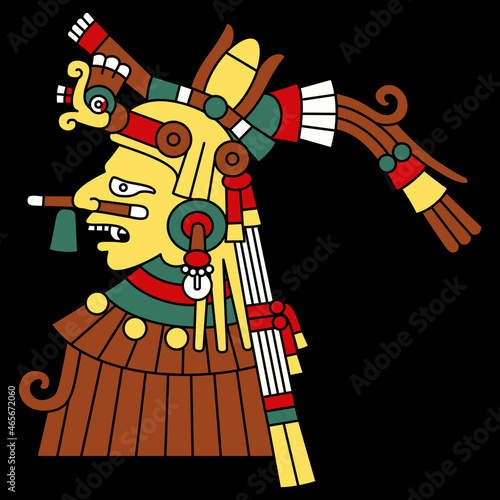 Ancient Mexican Aztec god or goddess. Codex illustration. Native American art. Isolated vector illustration. On black background. 