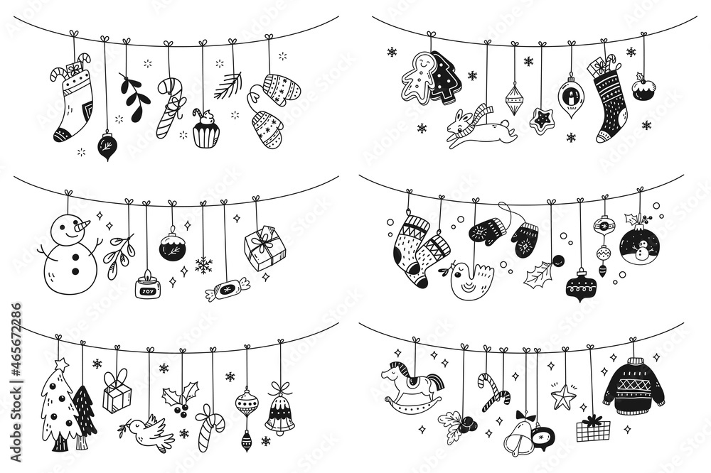 Set of Christmas hanging decoration doodles