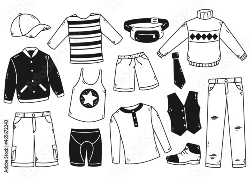 Hand drawn man clothes and accessories vector doodle illustration