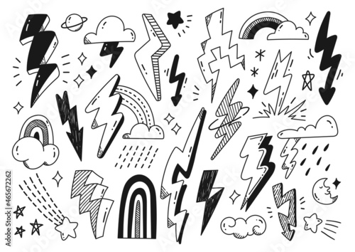 Set of thunder bolt in doodle style vector illustration