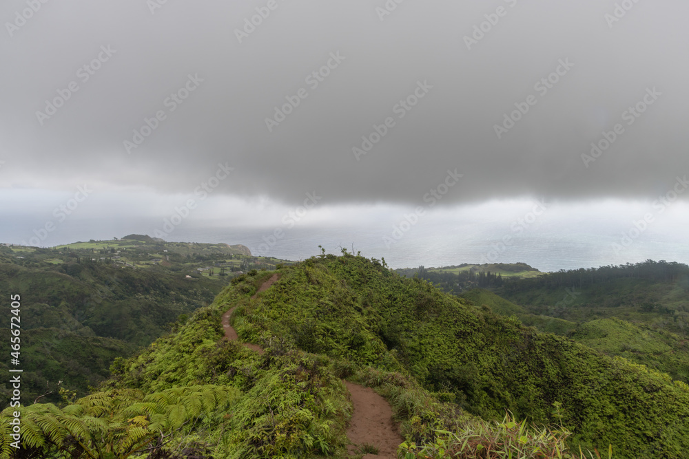 Scenic Waihee Ridge trail vista on a heavily overcast day, West Maui Mountains, Hawaii Scenic Waihee Ridge trail vista on a heavily overcast day, West Maui Mountains, Hawaii
