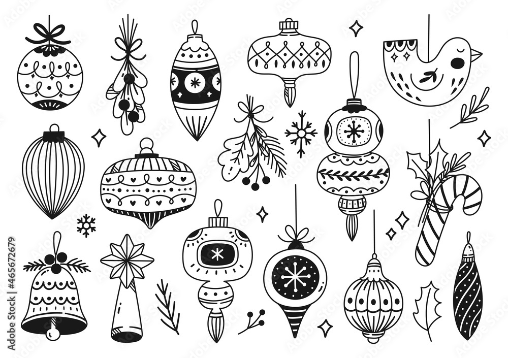 Set of hand drawn Christmas ornaments in doodle style vector illustration 
