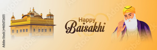 Creative illustration of guru nanak dev with golden temple for happy vaisakhi