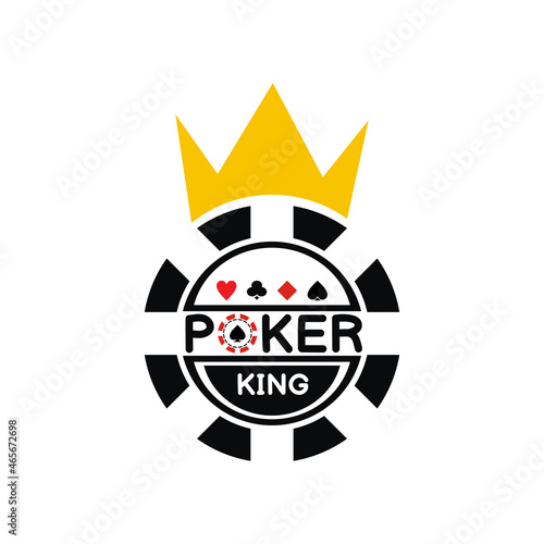illustration vector graphic of poker chip logo, wearing a king's crown, featuring four playing card icons, perfect for sport, game, gamble, fortune, chip, win, etc.