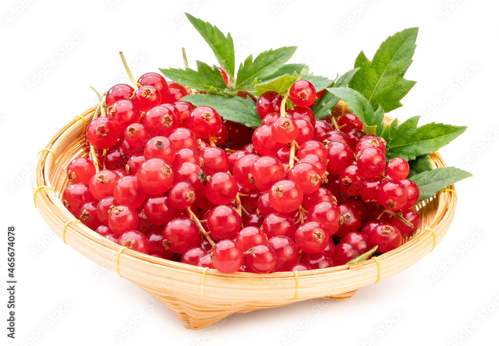 Sweet Red currant berries in wooden basket isolated on white background, Red currant on white background With clipping path. Sweet Red currant berries in wooden basket isolated on white background, Red currant on white background With clipping path.