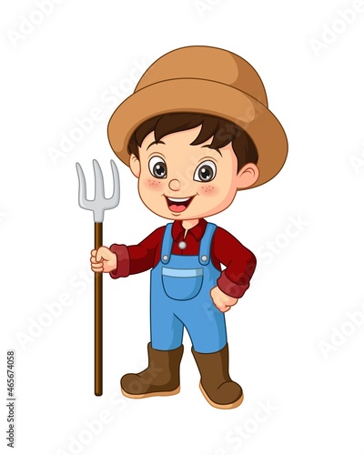 Cartoon little farmer holding a rake