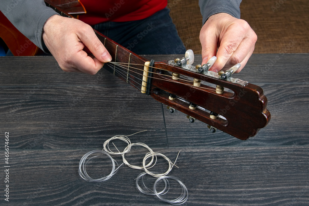 replacement and insertion of nylon strings in a classical guitar ...