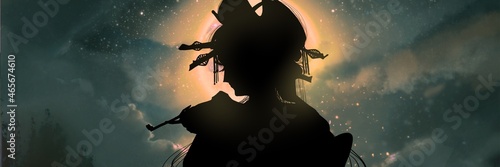 Silhouette of a prostitutes of Yoshiwara brothel having smoke tubes in front of golden creepy full moon. photo