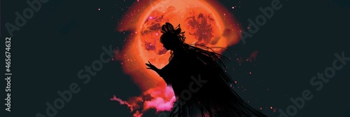 A prostitute in a medieval costume wandering around with creepy red full moon in the background.