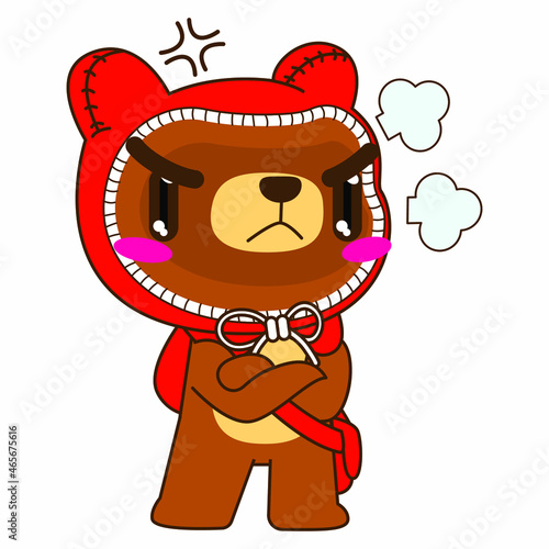 cute bear vector illustration, red hood bear angry pose