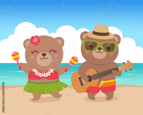 Cute hawaiian bears couple playing ukulele and shaking maracas on the beach in summer holidays concept.