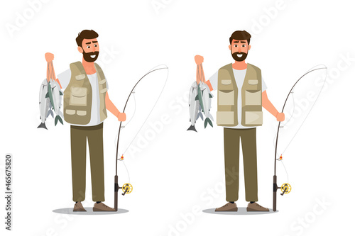 Fisherman character holding a big fish and a fishing rod