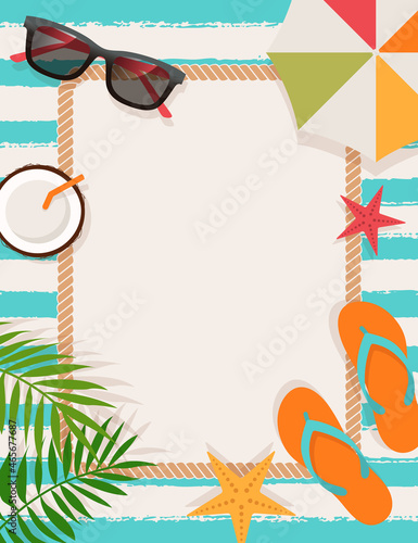 Top view of summer holidays border illustration with copy space.