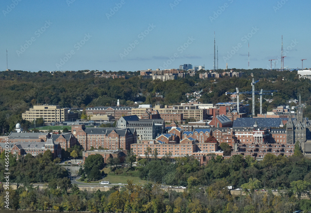 Washington, DC, USA - October 27, 2021: Aerial View of Georgetown University as Seen from a Skyscraper in Arlington, Virginia