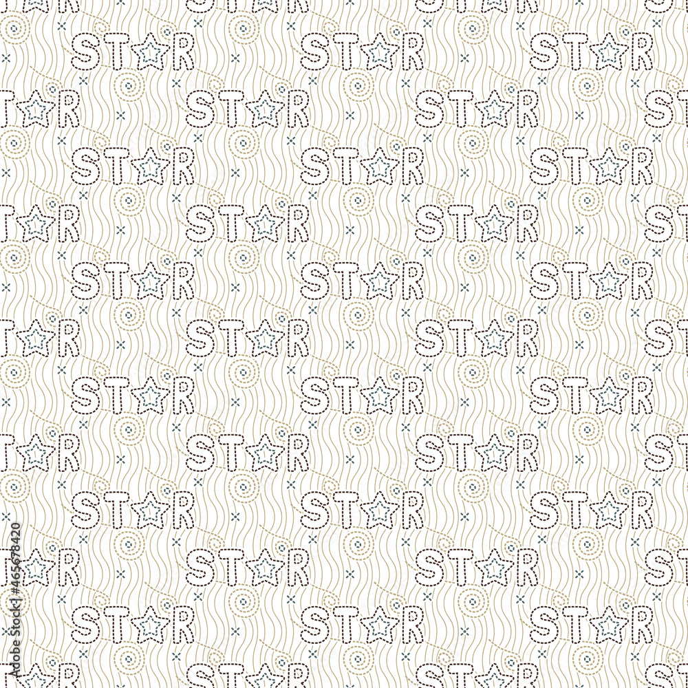 Stylish background of space theme. Embroidered word - star. Seamless wallpaper, needlework pattern, print for kitchen textile towel, fabric, bed linen, site, award ceremony. Vector