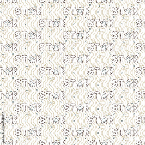 Stylish background of space theme. Embroidered word - star. Seamless wallpaper, needlework pattern, print for kitchen textile towel, fabric, bed linen, site, award ceremony. Vector