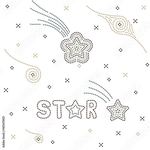 Set of elements for space design. Embroidered word - star, shooting stars, galaxies. Needlework style. Vector