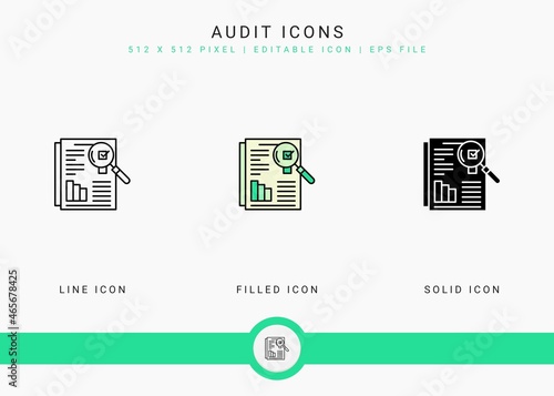 Audit icons set vector illustration with solid icon line style. Financial overview control concept. Editable stroke icon on isolated background for web design, infographic and UI mobile app.