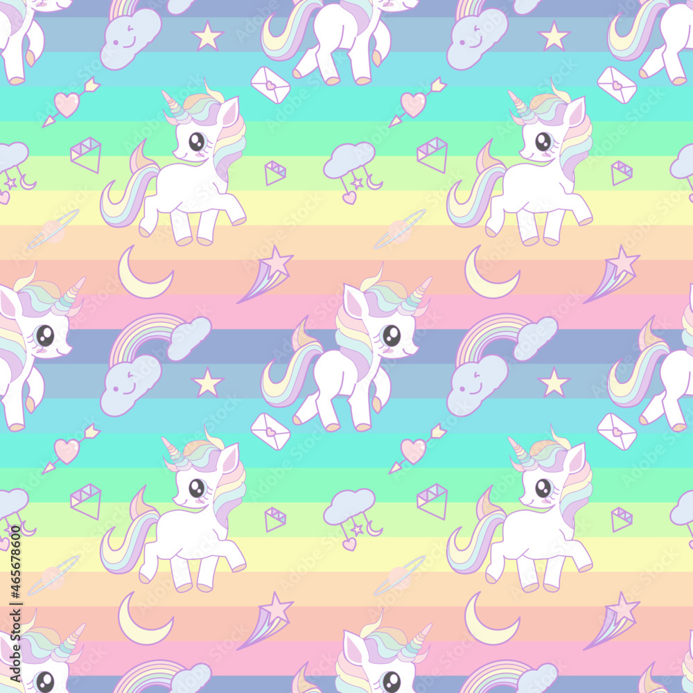 Naklejka premium Cute unicorn decorated with rainbow, diamond, heart shape and cloud seamless pattern on rainbow background.