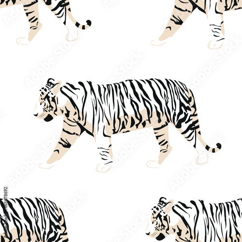 Seamless exotic pattern with abstract animal silhouettes. Vector hand drawing illustration. Vector seamless pattern with cute tigers on an white background. Show of circus animals. Fashionable fabric