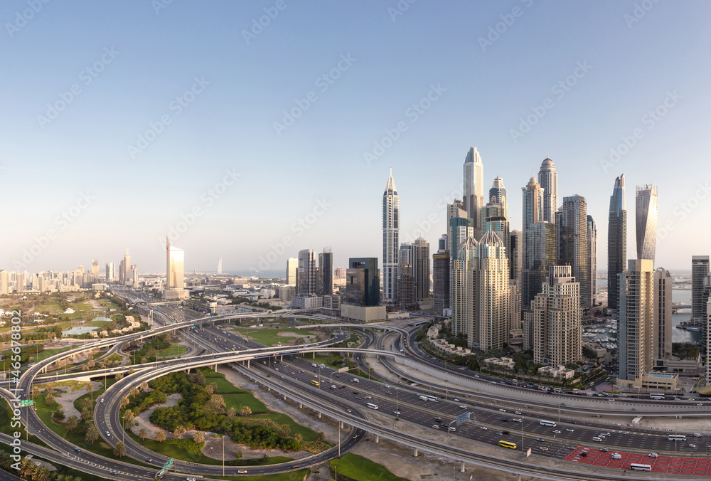 Aerial view of cityscape and skyline in Marina.Dubai UAE at sunset